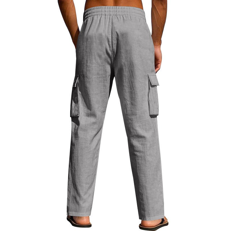 Herren-Cargohose aus leichtem Leinen für alle vier Jahreszeiten, atmungsaktiv, mit mehreren Taschen, lockere Hose mit weitem Bein | MTGZ-9