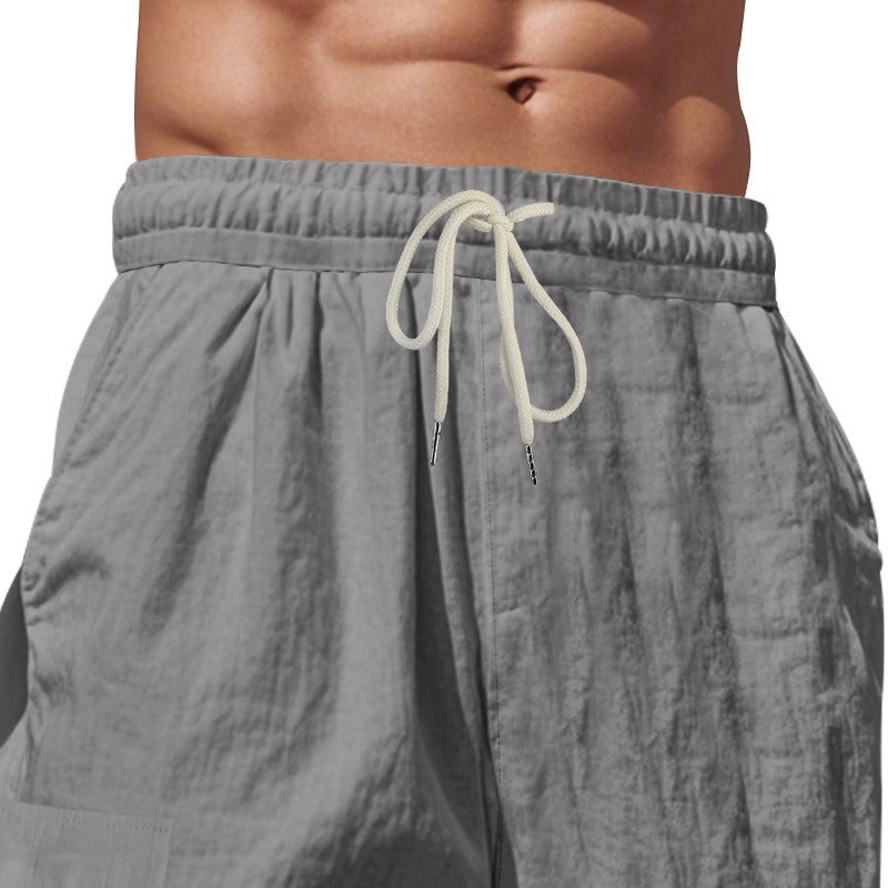 Herren-Cargohose aus leichtem Leinen für alle vier Jahreszeiten, atmungsaktiv, mit mehreren Taschen, lockere Hose mit weitem Bein | MTGZ-9