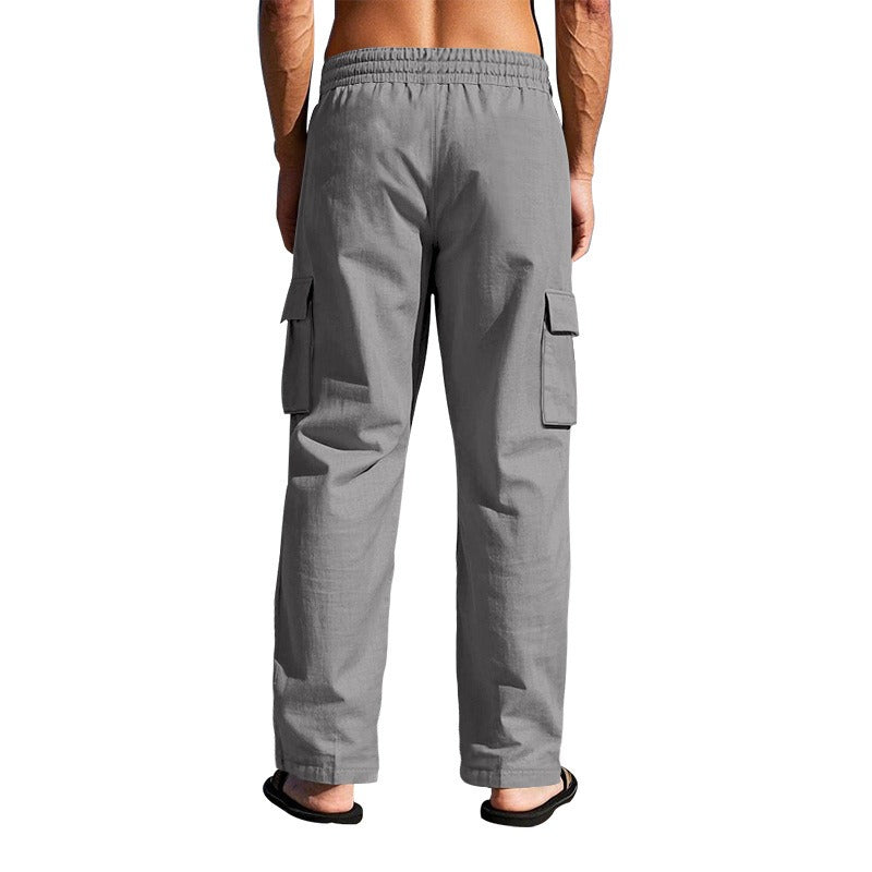 Herren-Cargohose aus leichtem Leinen für alle vier Jahreszeiten, atmungsaktiv, mit mehreren Taschen, lockere Hose mit weitem Bein | MTGZ-9
