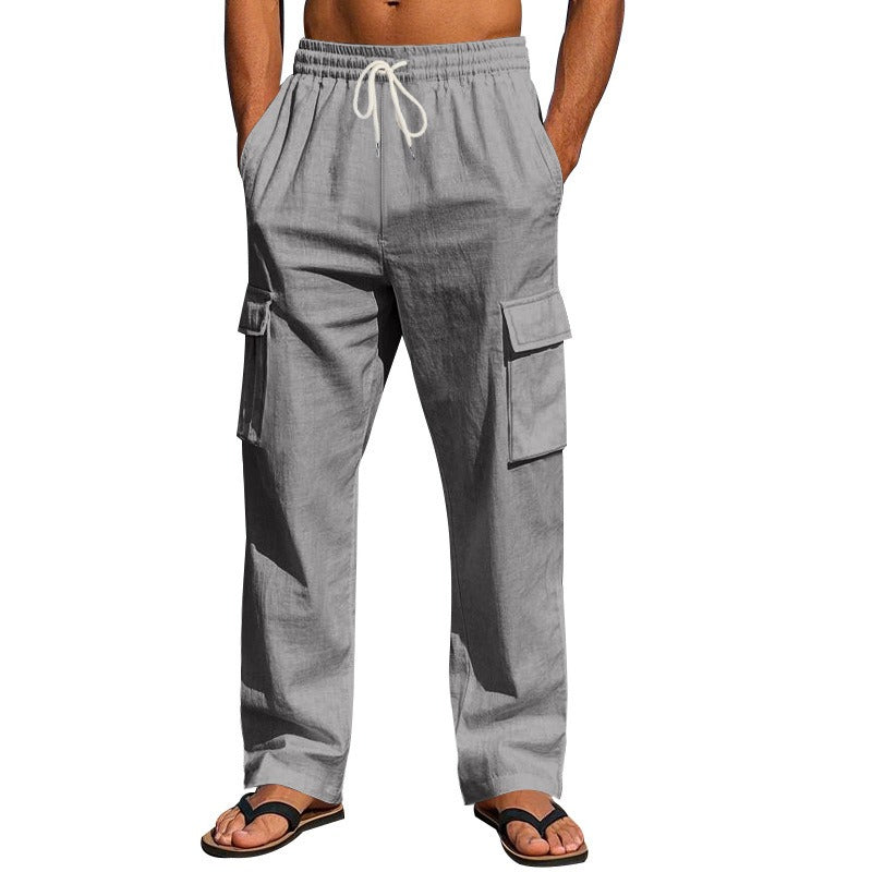 Herren-Cargohose aus leichtem Leinen für alle vier Jahreszeiten, atmungsaktiv, mit mehreren Taschen, lockere Hose mit weitem Bein | MTGZ-9