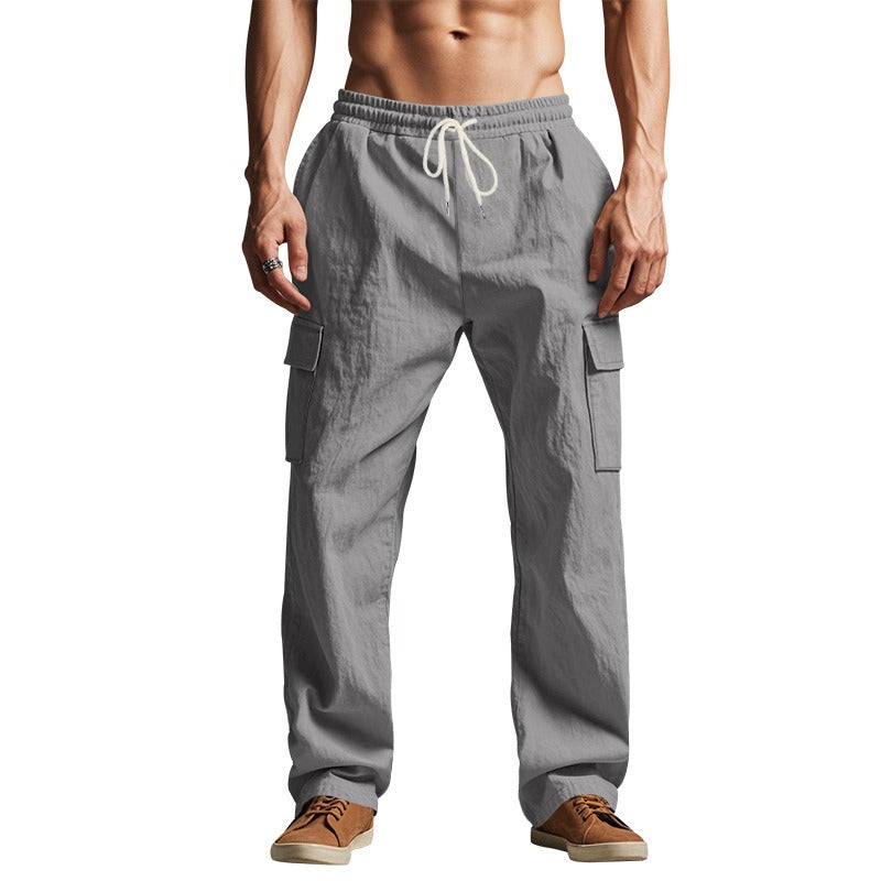Herren-Cargohose aus leichtem Leinen für alle vier Jahreszeiten, atmungsaktiv, mit mehreren Taschen, lockere Hose mit weitem Bein | MTGZ-9