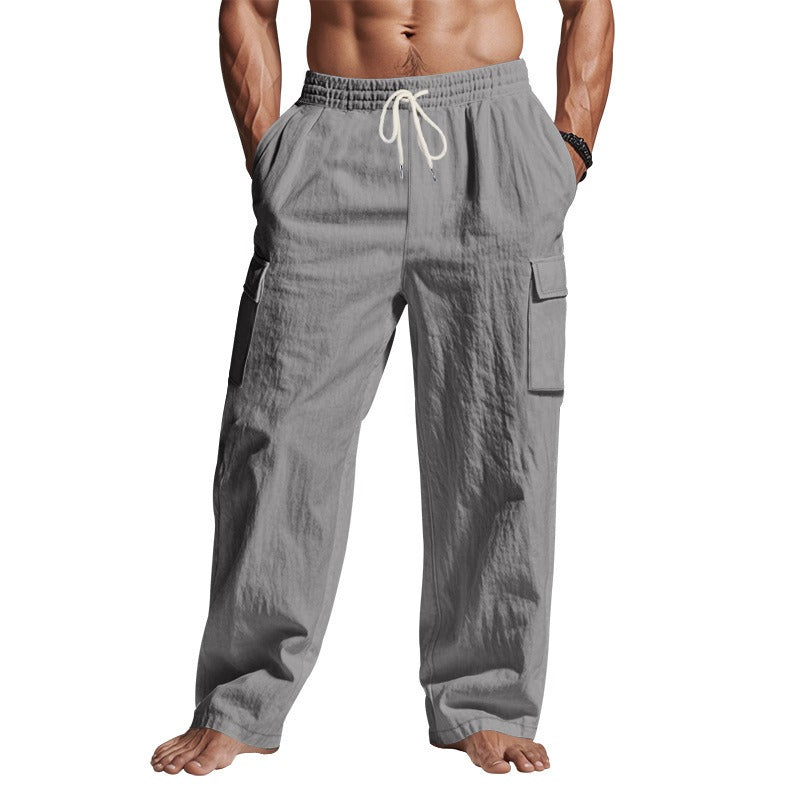 Herren-Cargohose aus leichtem Leinen für alle vier Jahreszeiten, atmungsaktiv, mit mehreren Taschen, lockere Hose mit weitem Bein | MTGZ-9