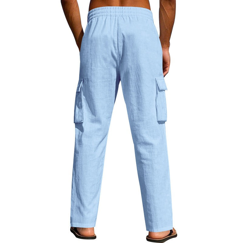 Herren-Cargohose aus leichtem Leinen für alle vier Jahreszeiten, atmungsaktiv, mit mehreren Taschen, lockere Hose mit weitem Bein | MTGZ-9