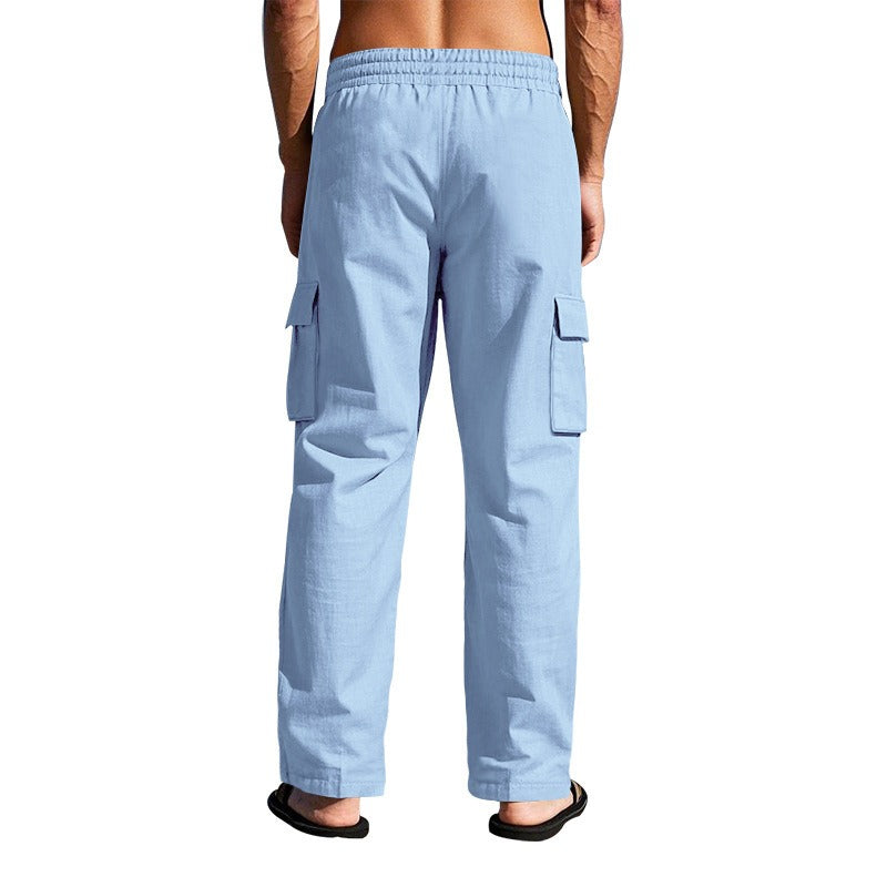 Herren-Cargohose aus leichtem Leinen für alle vier Jahreszeiten, atmungsaktiv, mit mehreren Taschen, lockere Hose mit weitem Bein | MTGZ-9