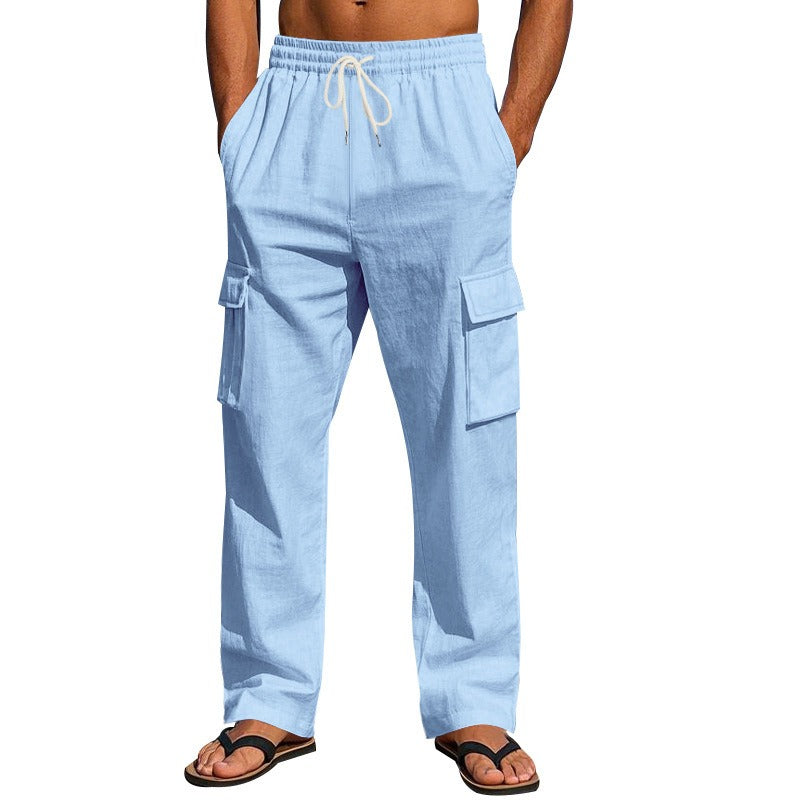 Herren-Cargohose aus leichtem Leinen für alle vier Jahreszeiten, atmungsaktiv, mit mehreren Taschen, lockere Hose mit weitem Bein | MTGZ-9