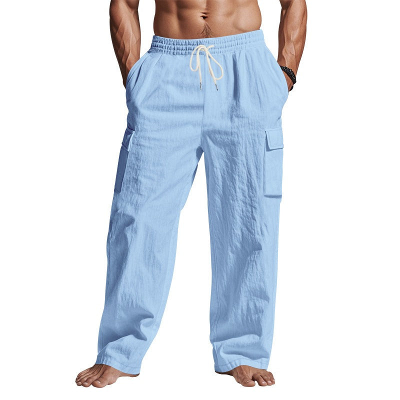 Herren-Cargohose aus leichtem Leinen für alle vier Jahreszeiten, atmungsaktiv, mit mehreren Taschen, lockere Hose mit weitem Bein | MTGZ-9