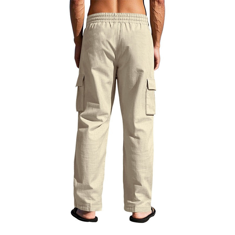 Herren-Cargohose aus leichtem Leinen für alle vier Jahreszeiten, atmungsaktiv, mit mehreren Taschen, lockere Hose mit weitem Bein | MTGZ-9