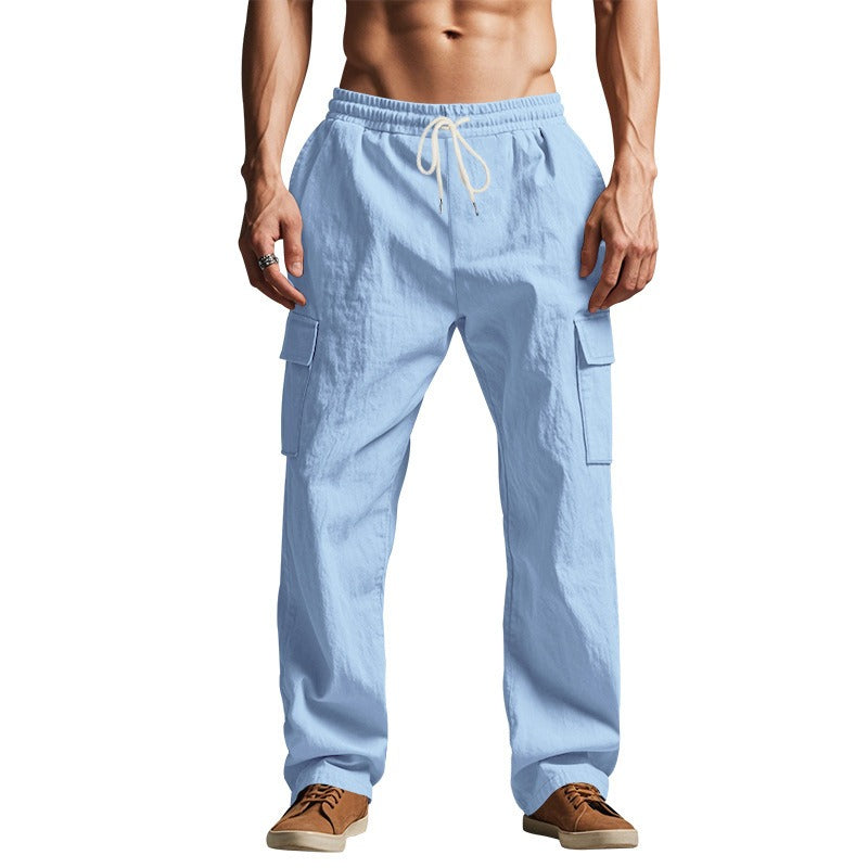 Herren-Cargohose aus leichtem Leinen für alle vier Jahreszeiten, atmungsaktiv, mit mehreren Taschen, lockere Hose mit weitem Bein | MTGZ-9