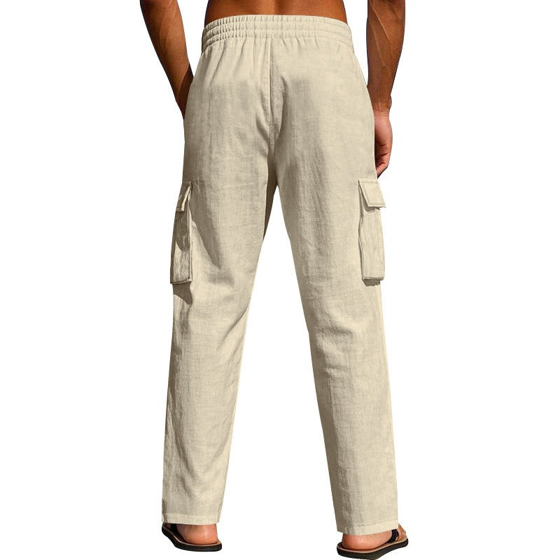 Herren-Cargohose aus leichtem Leinen für alle vier Jahreszeiten, atmungsaktiv, mit mehreren Taschen, lockere Hose mit weitem Bein | MTGZ-9