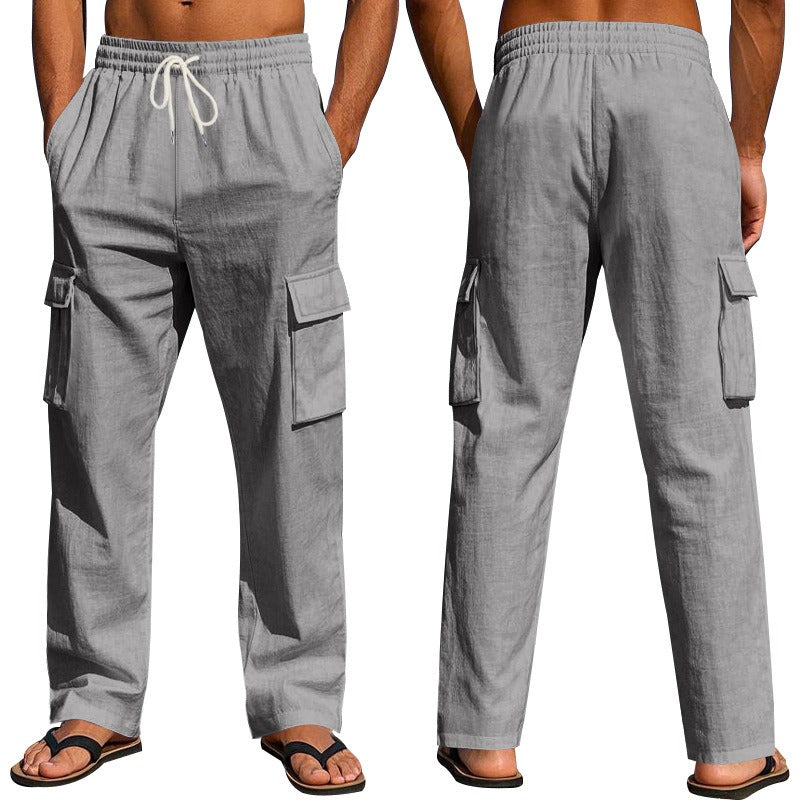 Herren-Cargohose aus leichtem Leinen für alle vier Jahreszeiten, atmungsaktiv, mit mehreren Taschen, lockere Hose mit weitem Bein | MTGZ-9