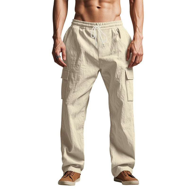 Herren-Cargohose aus leichtem Leinen für alle vier Jahreszeiten, atmungsaktiv, mit mehreren Taschen, lockere Hose mit weitem Bein | MTGZ-9