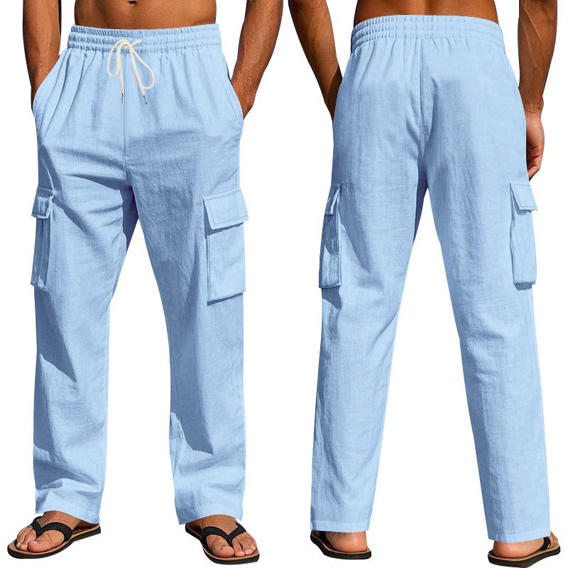 Herren-Cargohose aus leichtem Leinen für alle vier Jahreszeiten, atmungsaktiv, mit mehreren Taschen, lockere Hose mit weitem Bein | MTGZ-9