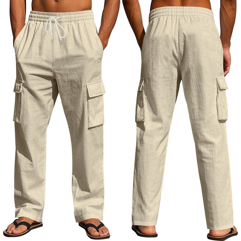 Herren-Cargohose aus leichtem Leinen für alle vier Jahreszeiten, atmungsaktiv, mit mehreren Taschen, lockere Hose mit weitem Bein | MTGZ-9
