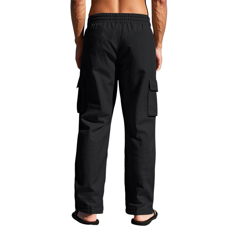 Herren-Cargohose aus leichtem Leinen für alle vier Jahreszeiten, atmungsaktiv, mit mehreren Taschen, lockere Hose mit weitem Bein | MTGZ-9