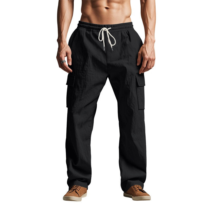 Herren-Cargohose aus leichtem Leinen für alle vier Jahreszeiten, atmungsaktiv, mit mehreren Taschen, lockere Hose mit weitem Bein | MTGZ-9
