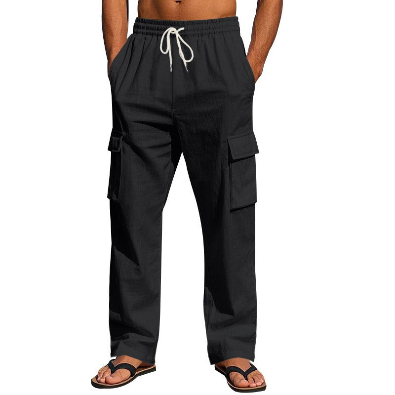 Herren-Cargohose aus leichtem Leinen für alle vier Jahreszeiten, atmungsaktiv, mit mehreren Taschen, lockere Hose mit weitem Bein | MTGZ-9