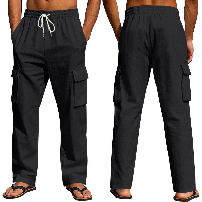 Herren-Cargohose aus leichtem Leinen für alle vier Jahreszeiten, atmungsaktiv, mit mehreren Taschen, lockere Hose mit weitem Bein | MTGZ-9