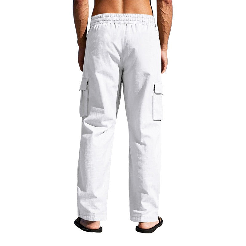 Herren-Cargohose aus leichtem Leinen für alle vier Jahreszeiten, atmungsaktiv, mit mehreren Taschen, lockere Hose mit weitem Bein | MTGZ-9