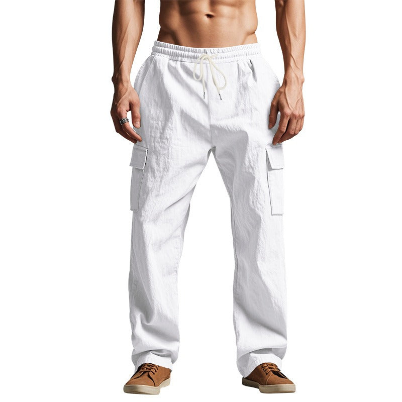 Herren-Cargohose aus leichtem Leinen für alle vier Jahreszeiten, atmungsaktiv, mit mehreren Taschen, lockere Hose mit weitem Bein | MTGZ-9