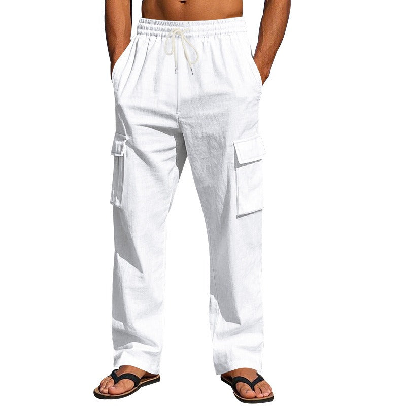 Herren-Cargohose aus leichtem Leinen für alle vier Jahreszeiten, atmungsaktiv, mit mehreren Taschen, lockere Hose mit weitem Bein | MTGZ-9