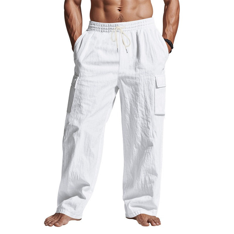 Herren-Cargohose aus leichtem Leinen für alle vier Jahreszeiten, atmungsaktiv, mit mehreren Taschen, lockere Hose mit weitem Bein | MTGZ-9