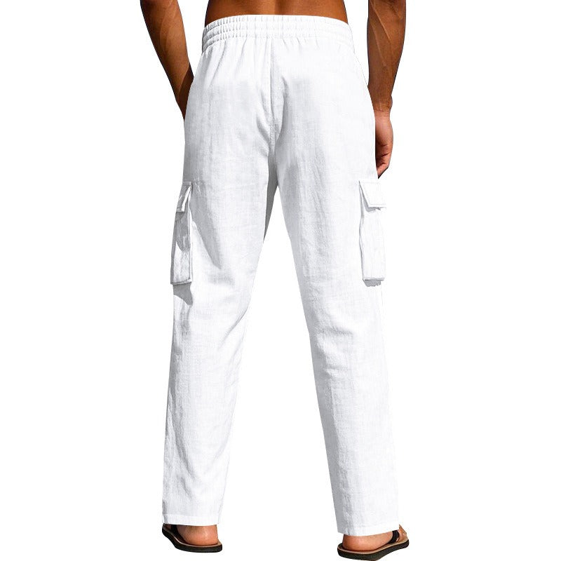 Herren-Cargohose aus leichtem Leinen für alle vier Jahreszeiten, atmungsaktiv, mit mehreren Taschen, lockere Hose mit weitem Bein | MTGZ-9