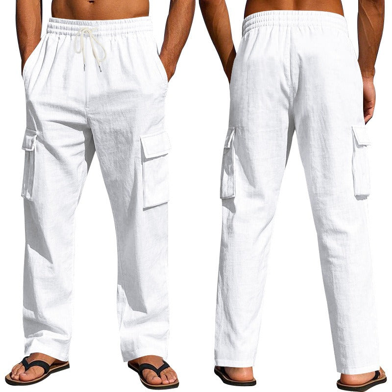 Herren-Cargohose aus leichtem Leinen für alle vier Jahreszeiten, atmungsaktiv, mit mehreren Taschen, lockere Hose mit weitem Bein | MTGZ-9