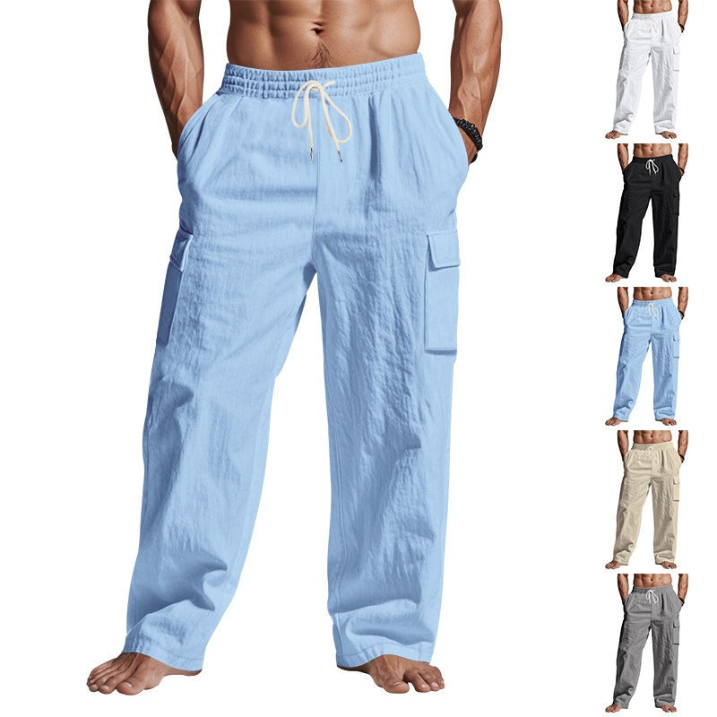 Herren-Cargohose aus leichtem Leinen für alle vier Jahreszeiten, atmungsaktiv, mit mehreren Taschen, lockere Hose mit weitem Bein | MTGZ-9
