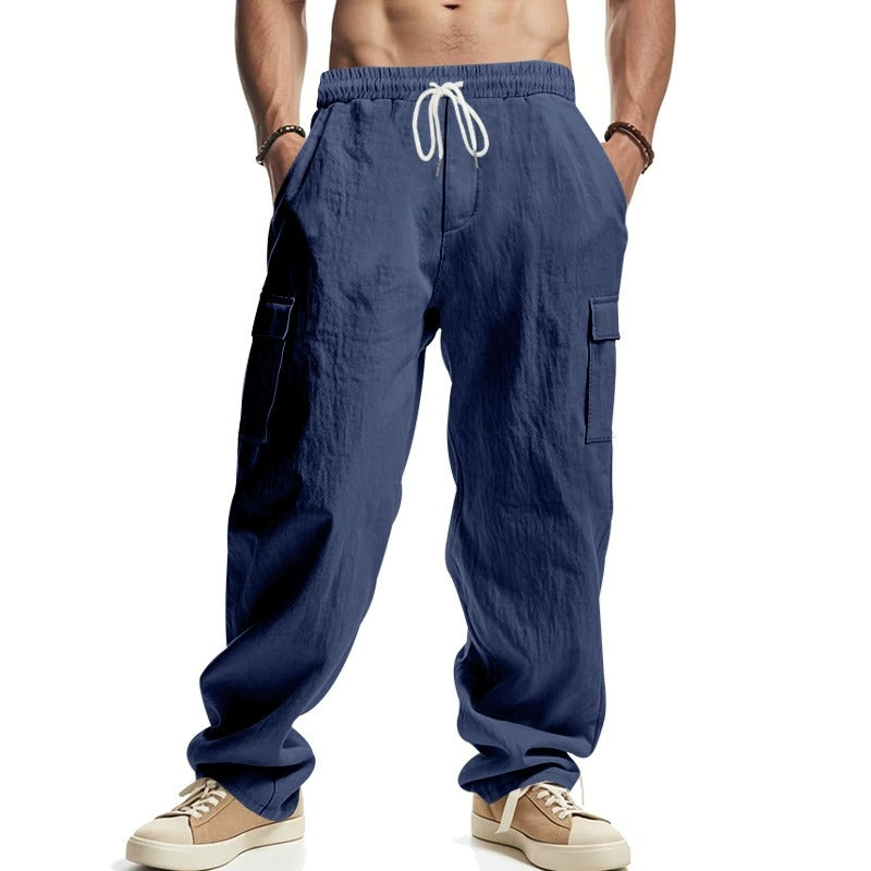 Herren-Cargohose aus leichtem Leinen für alle vier Jahreszeiten, atmungsaktiv, mit mehreren Taschen, lockere Hose mit weitem Bein | MTGZ-9