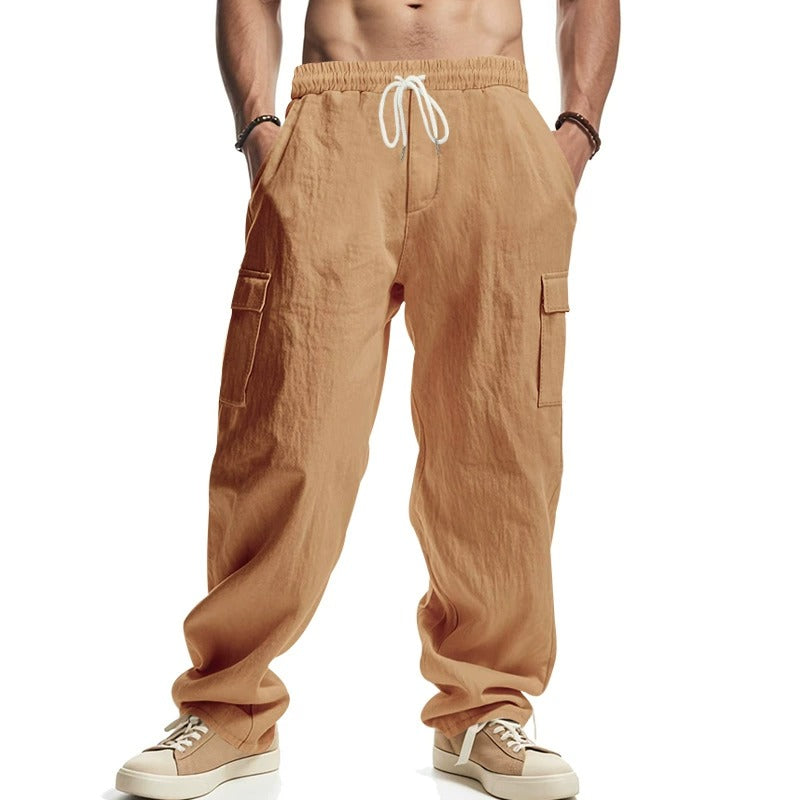 Herren-Cargohose aus leichtem Leinen für alle vier Jahreszeiten, atmungsaktiv, mit mehreren Taschen, lockere Hose mit weitem Bein | MTGZ-9