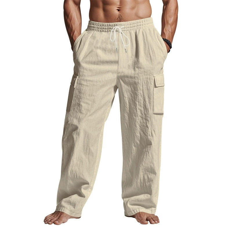 Herren-Cargohose aus leichtem Leinen für alle vier Jahreszeiten, atmungsaktiv, mit mehreren Taschen, lockere Hose mit weitem Bein | MTGZ-9