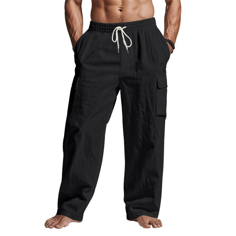 Herren-Cargohose aus leichtem Leinen für alle vier Jahreszeiten, atmungsaktiv, mit mehreren Taschen, lockere Hose mit weitem Bein | MTGZ-9