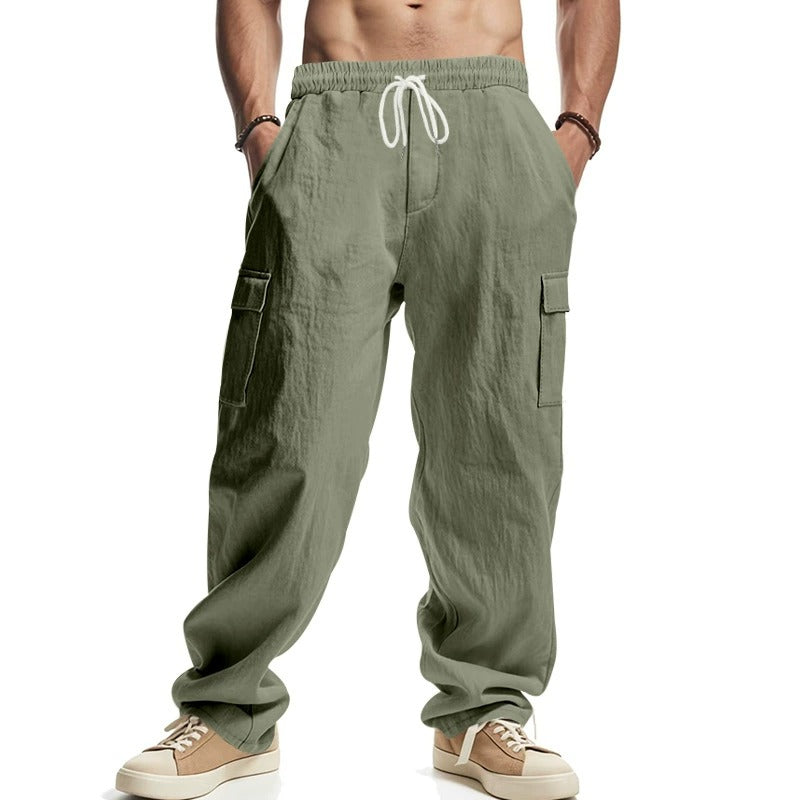 Herren-Cargohose aus leichtem Leinen für alle vier Jahreszeiten, atmungsaktiv, mit mehreren Taschen, lockere Hose mit weitem Bein | MTGZ-9