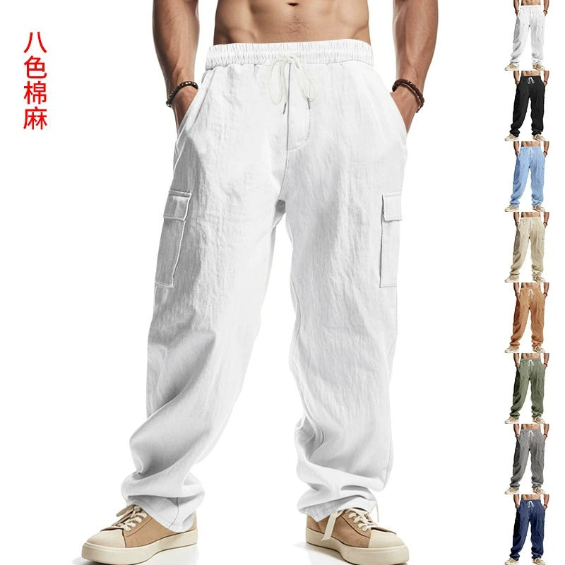 Herren-Cargohose aus leichtem Leinen für alle vier Jahreszeiten, atmungsaktiv, mit mehreren Taschen, lockere Hose mit weitem Bein | MTGZ-9