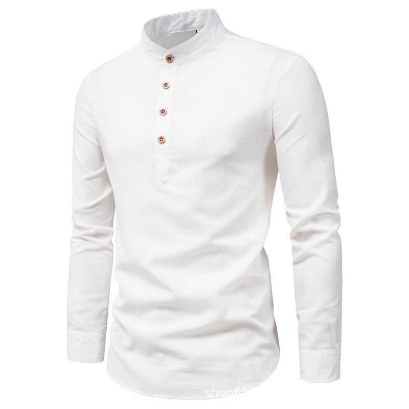 Herren Slim Fit Einfarbig Langarm Businesshemd Stehkragen Baumwolle & Leinen Hemd | M301