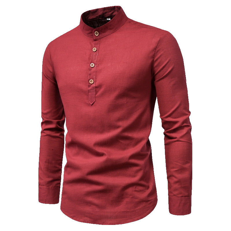 Herren Slim Fit Einfarbig Langarm Businesshemd Stehkragen Baumwolle & Leinen Hemd | M301