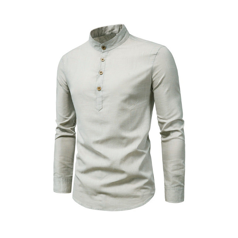 Herren Slim Fit Einfarbig Langarm Businesshemd Stehkragen Baumwolle & Leinen Hemd | M301