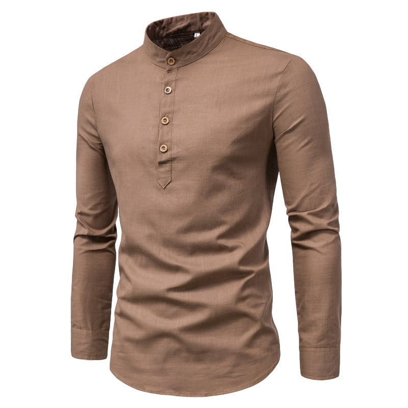 Herren Slim Fit Einfarbig Langarm Businesshemd Stehkragen Baumwolle & Leinen Hemd | M301