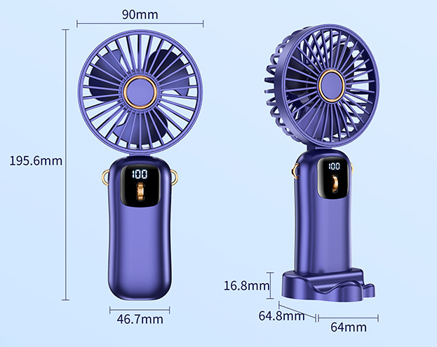 Tragbarer Mini-Ventilator, Handventilator, wiederaufladbar über USB mit 5 Geschwindigkeiten, 90° faltbarer Mini-Ventilator mit LED-Anzeige, Mini-Ventilator für den Außenbereich im Büro | S12