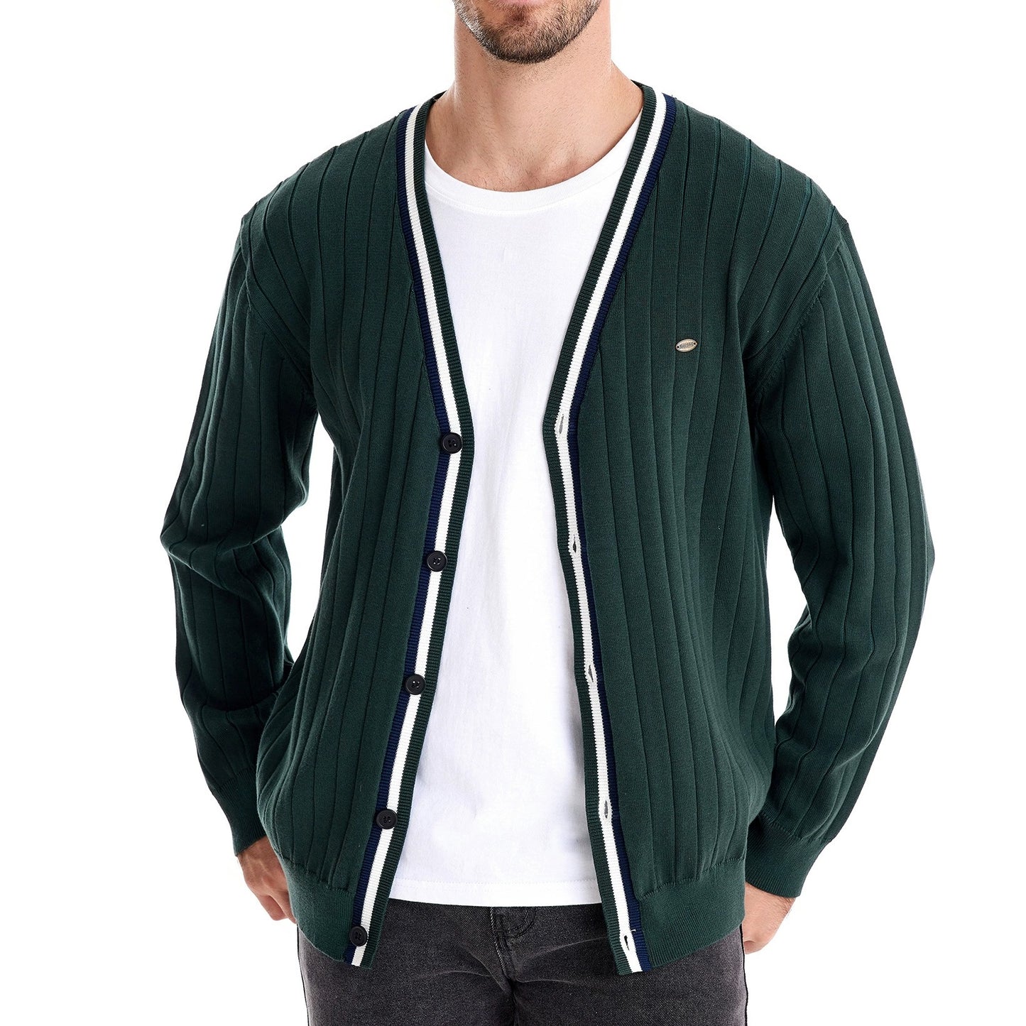 Herren-Strickjacke mit V-Ausschnitt und Farbbesatz – Lässiger, locker sitzender Pullover mit Knöpfen für den Herbst | SW199