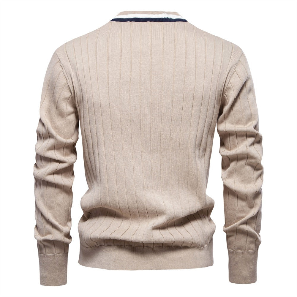 Herren-Strickjacke mit V-Ausschnitt und Farbbesatz – Lässiger, locker sitzender Pullover mit Knöpfen für den Herbst | SW199