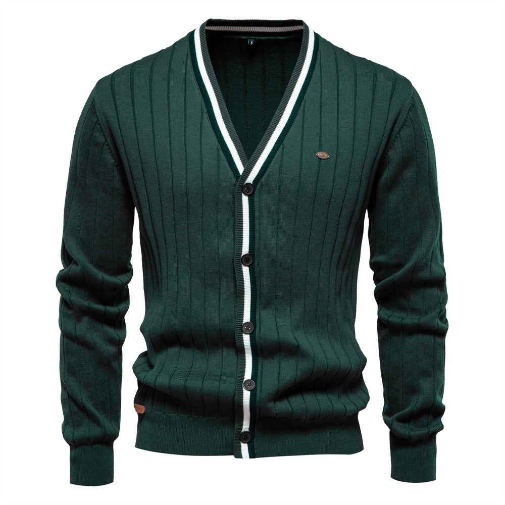 Herren-Strickjacke mit V-Ausschnitt und Farbbesatz – Lässiger, locker sitzender Pullover mit Knöpfen für den Herbst | SW199