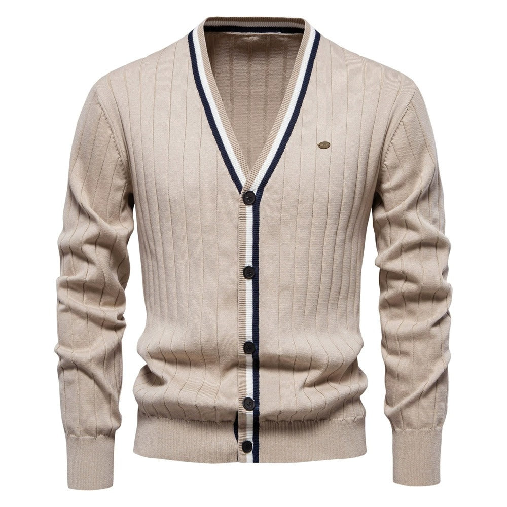 Herren-Strickjacke mit V-Ausschnitt und Farbbesatz – Lässiger, locker sitzender Pullover mit Knöpfen für den Herbst | SW199
