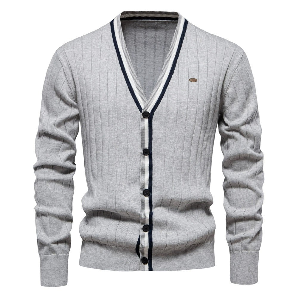 Herren-Strickjacke mit V-Ausschnitt und Farbbesatz – Lässiger, locker sitzender Pullover mit Knöpfen für den Herbst | SW199
