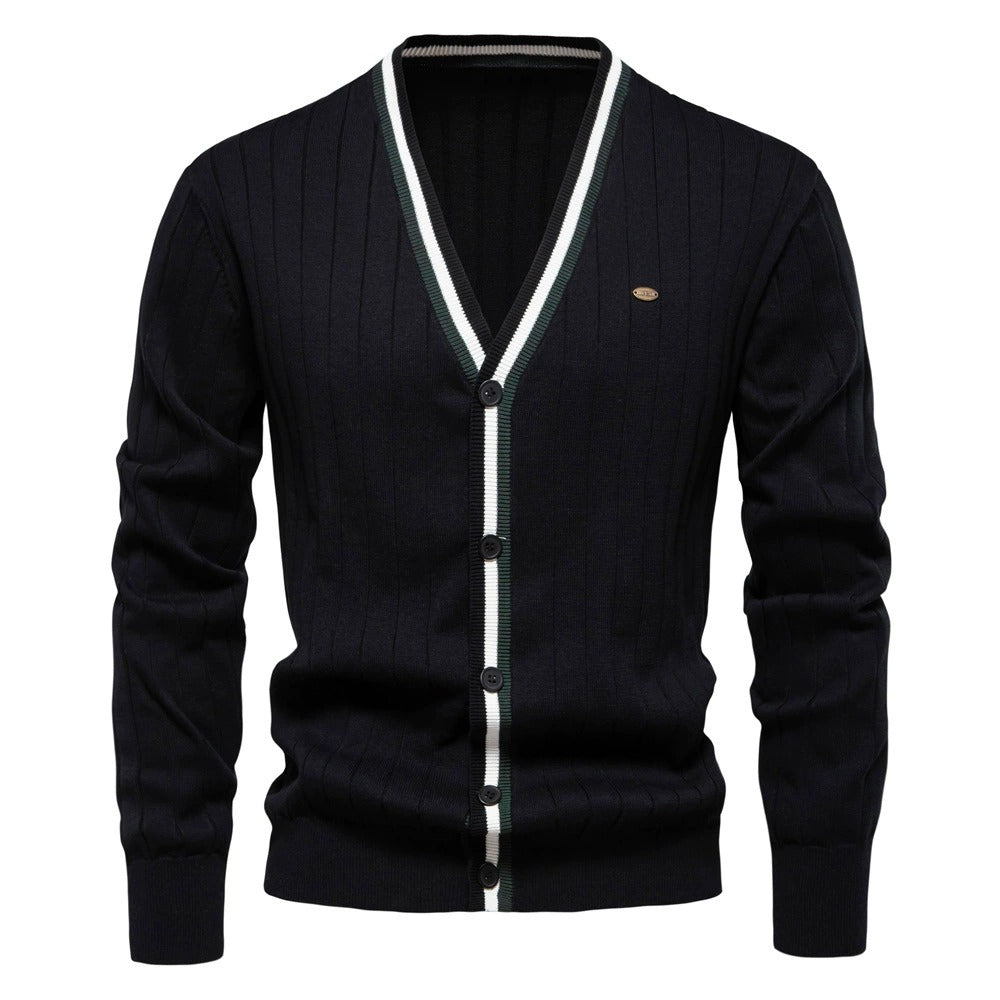 Herren-Strickjacke mit V-Ausschnitt und Farbbesatz – Lässiger, locker sitzender Pullover mit Knöpfen für den Herbst | SW199