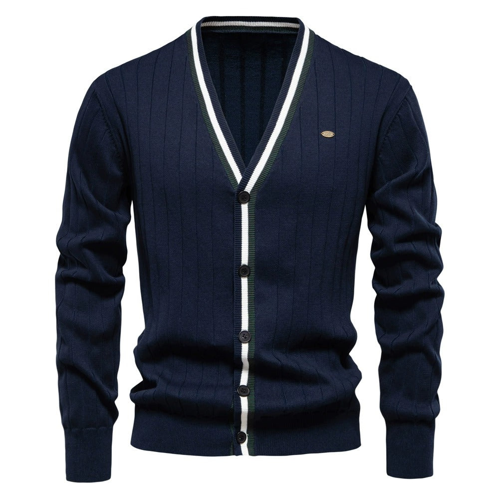 Herren-Strickjacke mit V-Ausschnitt und Farbbesatz – Lässiger, locker sitzender Pullover mit Knöpfen für den Herbst | SW199