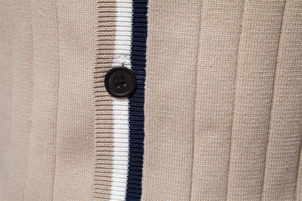 Herren-Strickjacke mit V-Ausschnitt und Farbbesatz – Lässiger, locker sitzender Pullover mit Knöpfen für den Herbst | SW199