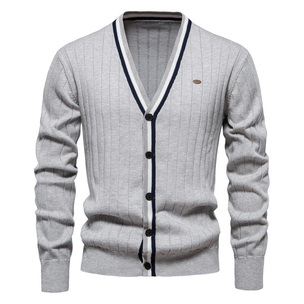 Herren-Strickjacke mit V-Ausschnitt und Farbbesatz – Lässiger, locker sitzender Pullover mit Knöpfen für den Herbst | SW199