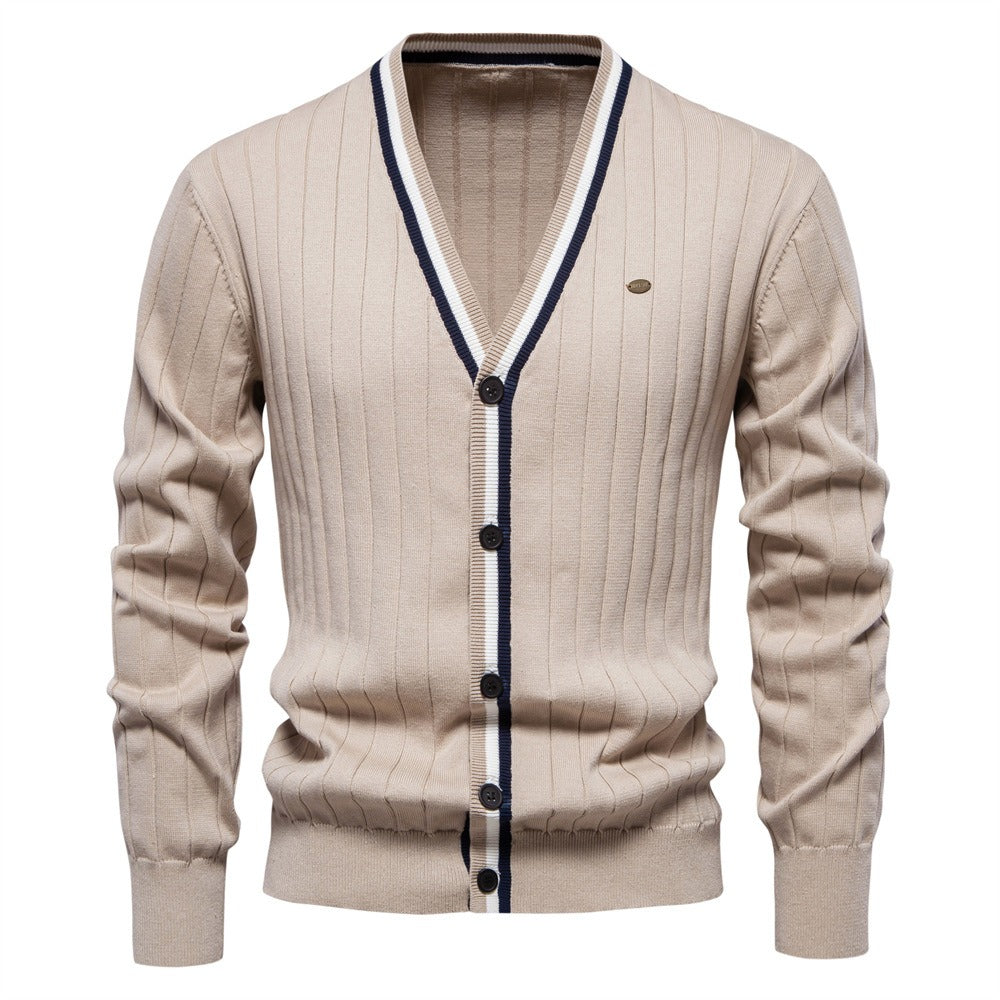 Herren-Strickjacke mit V-Ausschnitt und Farbbesatz – Lässiger, locker sitzender Pullover mit Knöpfen für den Herbst | SW199