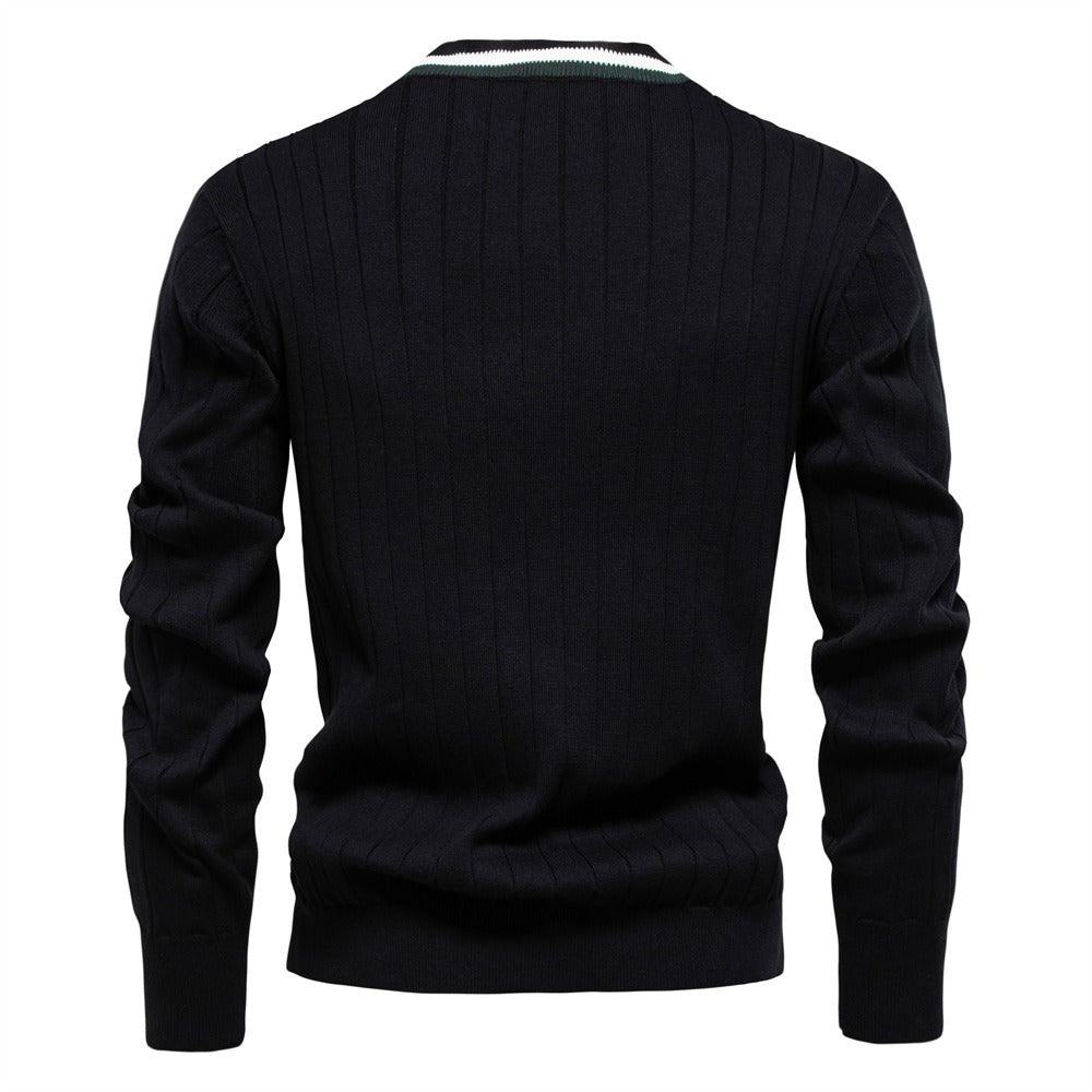 Herren-Strickjacke mit V-Ausschnitt und Farbbesatz – Lässiger, locker sitzender Pullover mit Knöpfen für den Herbst | SW199